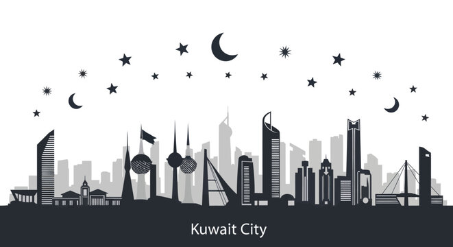Kuwait City Skyline Silhouette at Night with Crescent Moon and Stars