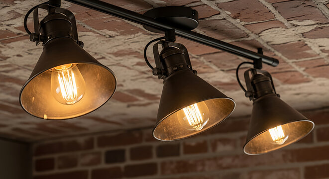 industrial track lighting fixtures with exposed bulbs on transparent background high quality