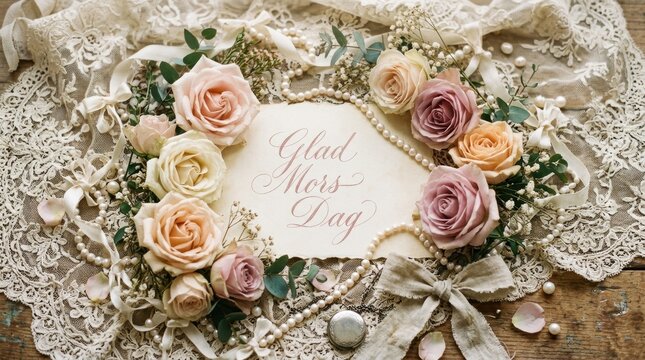 Delicate lace background with handwritten &ldquo;Glad Mors Dag&rdquo;, roses and pearls, vintage romantic