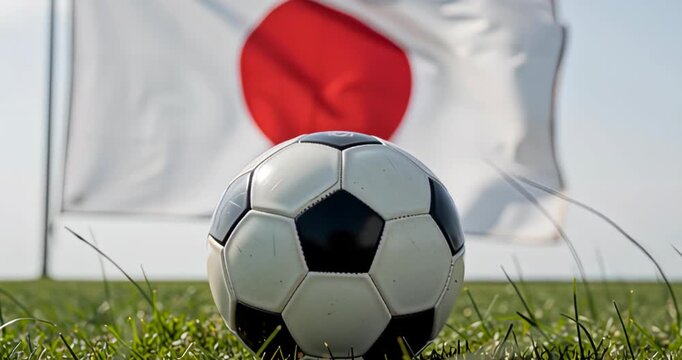 Close-up of a soccer ball on grass with a Japanese flag in the background.