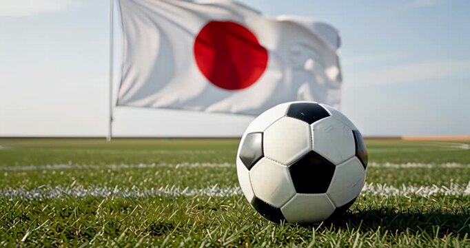 Soccer ball on grass field with Japan flag in background under clear sky.
