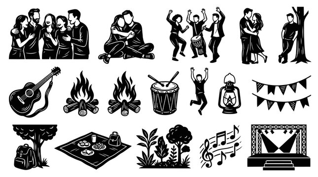 Camping, Music Festival  Friends Gathering Black Silhouette Vector Glyphs Set