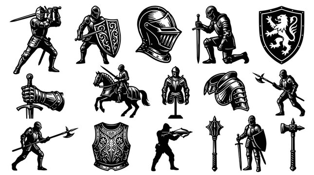 Medieval Knights and Armor Vector Set in Vintage Engraving Style - Historical War Equipment Collection