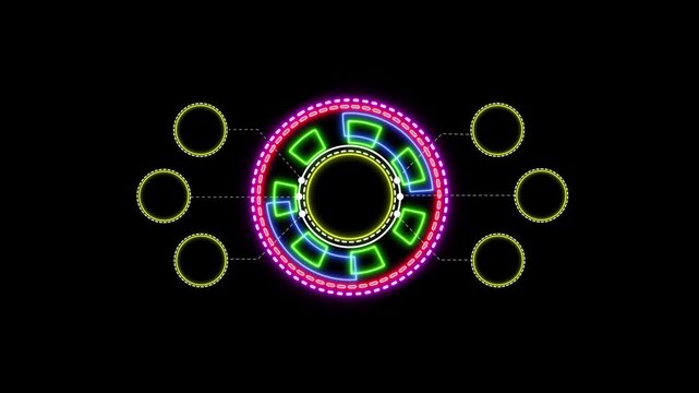 Dynamic futuristic HUD interface with neon glowing circles and data elements motion graphics.