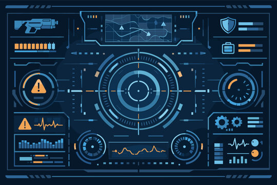 Futuristic HUD Interface Vector with Central Reticle, Tactical Map, Weapon Status, and System Diagnostics. Sci-fi Gaming UI Elements, Digital Dashboard, Data Visualization, and Tech Graphic Design.