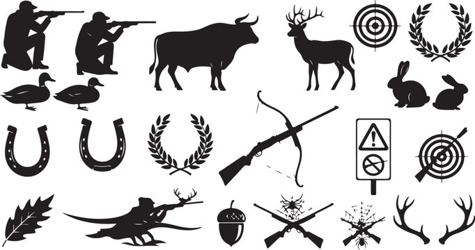 Collection of silhouette icons depicting hunting and nature related elements for graphic design projects