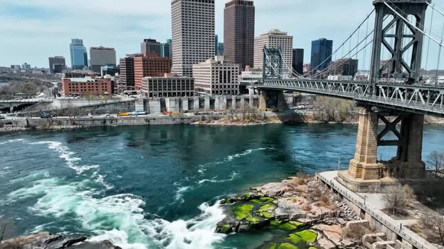 Drone perspective of flowing river rapids beneath a suspension bridge within a city landscape