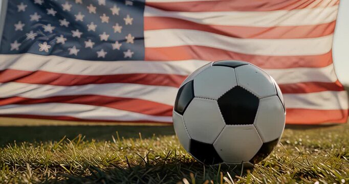 Soccer ball on grass with American flag in background representing sports and patriotism.