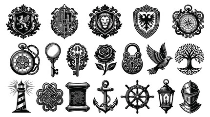 Obraz premium Vintage Heraldic Emblems, Crests, Symbols, Vector Icons Set Black White