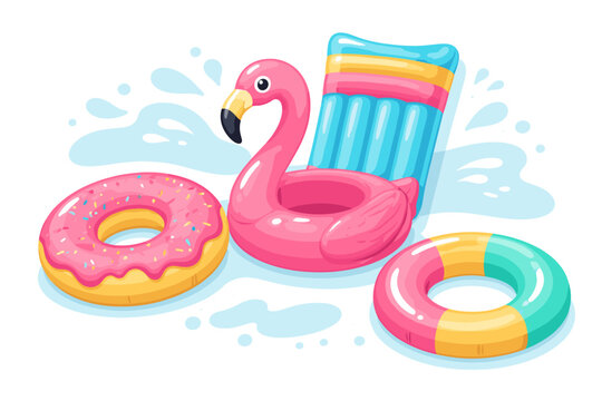 Collection of colorful inflatable pool toys including a pink flamingo float, a frosted donut ring, a striped air mattress, and a multi-colored swim ring with water splashes on white background