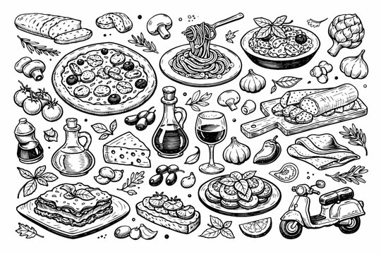 Italian Food Hand Drawn Vector Illustration Set with Pizza, Pasta, Lasagna, Wine, Cheese, Olive Oil, Garlic, Herbs, and Scooter in Vintage Engraving Doodle Style for Restaurant Menu and Cooking