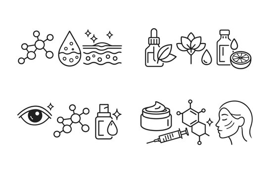 Comprehensive Skincare and Cosmetic Formula Vector Icons Set Featuring Exfoliating Acids, Essential Oils, Retinaldehyde, and Anti-Aging Treatments with Cream, Syringe, and Molecular Structures.