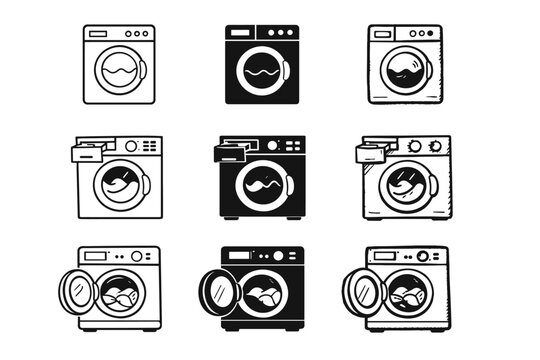 Washing Machine Icon Set with Laundry Appliance Symbols in Outline, Solid, and Doodle Styles. Flat Vector Illustration for Household Cleaning, Front Load Washer, and Home Appliance Design Elements.