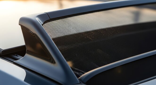 Close-up of a car's rear spoiler with aerodynamic design and sleek black finish.