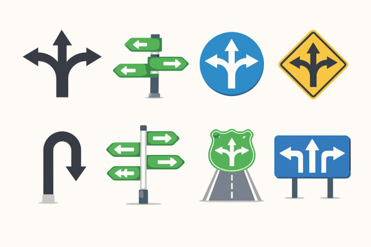 Vector road direction icon set featuring three-way arrows, u-turn signs, green signposts, and highway markers for navigation, wayfinding, traffic guidance, and route choice illustrations.