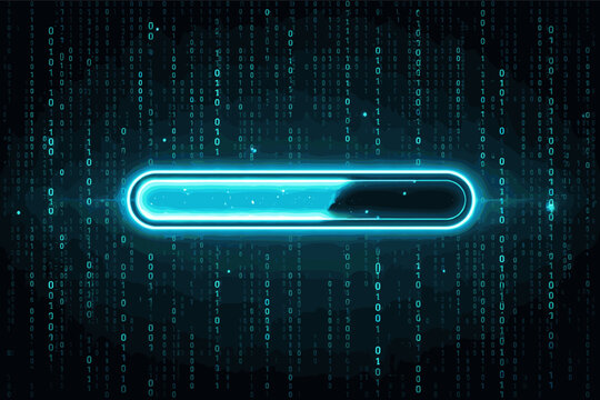 Futuristic Loading Progress Bar with Glowing Blue Neon Light on Binary Code Matrix Background, Concept of Digital Data Processing, System Update, Software Installation, and Cyber Security Tech.