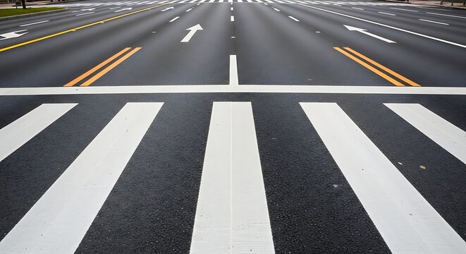 Aerial view of a pristine urban crosswalk on a multi lane road, featuring sharp white stripes and yellow dashed lines, ideal for transportation, city planning, or modern infrastructure projects.