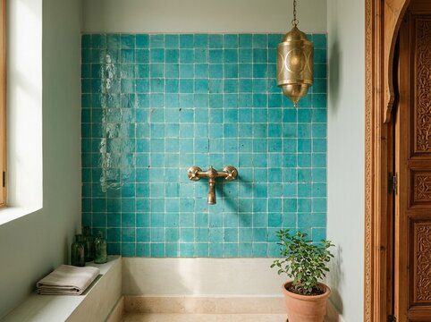 Exotic Moroccan Bathroom with Turquoise Zellige Tiles and Brass Fixtures
