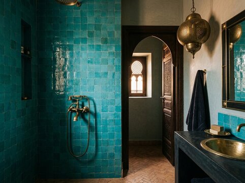 Vibrant Moroccan Bathroom with Turquoise Zellige Tiles and Brass Fixtures
