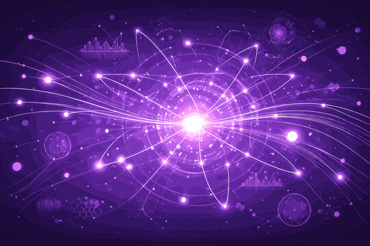 Abstract Purple Science Visualization with Interconnected Lines and Glowing Particles Symbolizing Data Transmission, Quantum Physics, Digital Network Technology, and Futuristic Energy Innovation