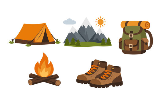 Vector illustration set of camping and hiking equipment icons including an orange tent, majestic snow-capped mountains, a green backpack, a warm campfire, and sturdy brown hiking boots for travel.
