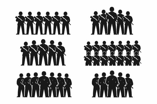 Black silhouettes of soldiers in various military formations. Set of icons showing army troops standing in line, wedge, and block formations with rifles. Vector illustration for defense and war.