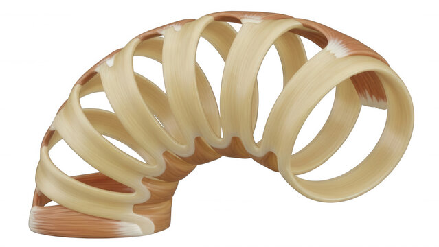 A curved, helical spring toy made of beige and brown plastic segments, isolated against a solid black background, showing a flexible coiled