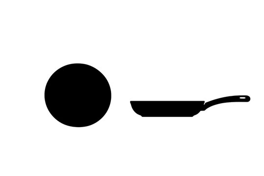 Set of Two Black Frying Pan Silhouettes in Top and Side View Perspectives, Minimalist Flat Vector Illustration of Kitchen Cookware and Skillet Icons Isolated on a Plain White Background