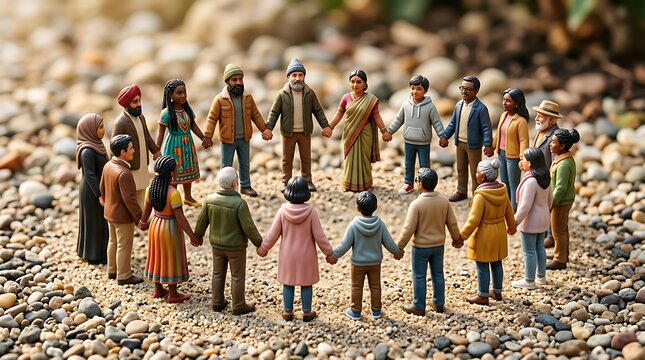 A colorful group of miniature figurines holding hands in unity, symbolizing togetherness and diversity on a rocky surface. Perfect for social campaigns, teamwork promotions, or inclusive marketing mat