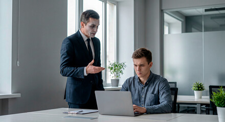 Obraz premium Joker Business Manager blaming employee who getting stressed ,bad work, emotional pressure, mistake in office. Blaming Business Concept