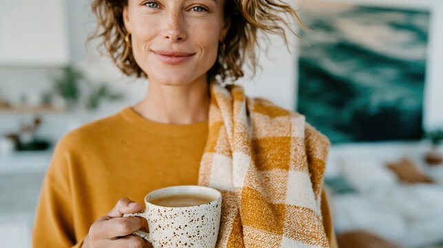 A serene woman holding a warm drink and a cozy plaid blanket, radiating a sense of contentment and relaxation in a beautifully designed interior space filled with natural light.