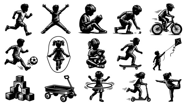 Black and White Line Art of Children Playing and Activities