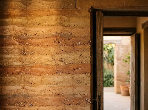 Close-up Detail of Rammed Earth Wall Layers in a Biophilic Home