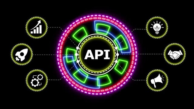 Digital infographic animation displaying application programming interface concept with neon glowing elements.