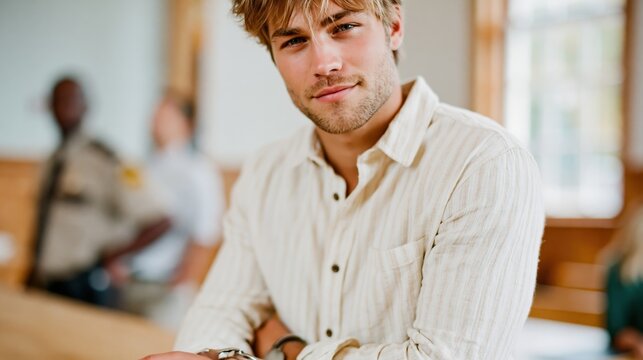 A handsome young man with stylish hair poses confidently for the camera, exuding charm and sincerity, showcasing casual fashion in a relaxed indoor setting.
