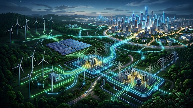 A futuristic cityscape showcasing an advanced energy network with illuminated wind turbines, solar farms, and smart grid connections. Perfect for renewable energy marketing, tech innovation campaigns,