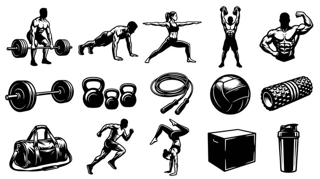 Fitness and Gym Workout Elements Vector Set: Black and White Illustrated Sports Equipment and Exercising People Icons