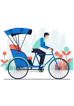 Flat Vector Illustration of a Cycle Rickshaw Driver in a Modern City Setting, Sustainable Urban Transportation Concept