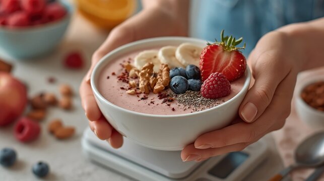 A beautifully arranged smoothie bowl, filled with vibrant berries and toppings, represents healthy living and a delicious start to the day in this inspiring culinary creation.