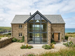 Fototapeta premium Contemporary Stone Barn Conversion with Dramatic Glazed Gable