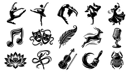 Obraz premium Black White Silhouette Icons - Dance, Music, Art, Nature, Animals, Theater