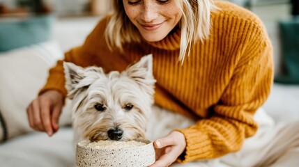 Plakat This image features a joyful woman playing with her dog in a cozy home environment, showcasing the joy of companionship and intimacy between pets and their owners.