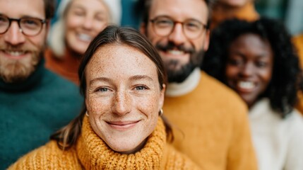 Fototapeta premium A vibrant and warm group of friends joyfully smiling, dressed in cozy winter sweaters, gathered together against a soft background of colors that enhance the cheerful mood.