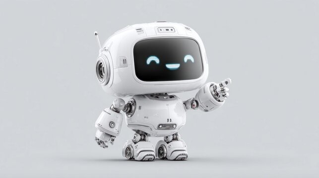 Cute white robot with a happy face on screen pointing to the side