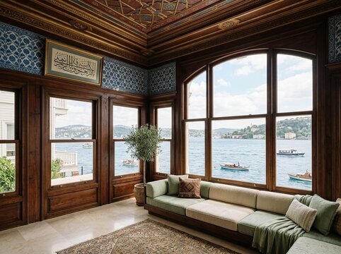 Historic Turkish Yali Mansion Interior with Ornate Ceiling and Tilework