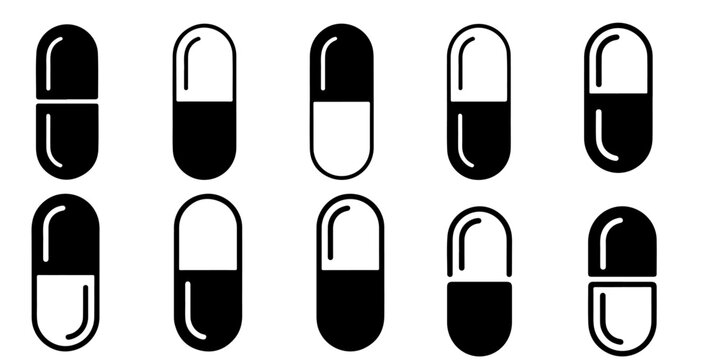 Capsule and pill icon set in solid, outline and dotted styles representing medicine, pharmacy, healthcare and drug concepts