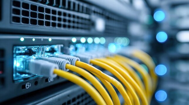 Server room with network cables connected to a server.