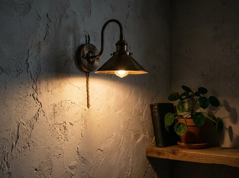 Brass Wall Sconce Detail Casting Warm Light on Textured Plaster