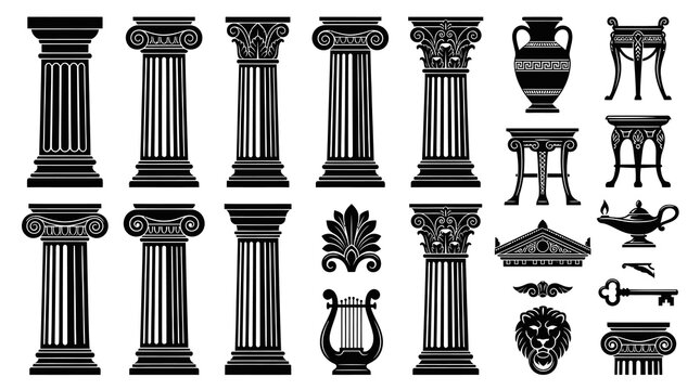 Ancient Greek Roman Architectural Columns and Historical Artefacts Black White Glyph Silhouettes Set