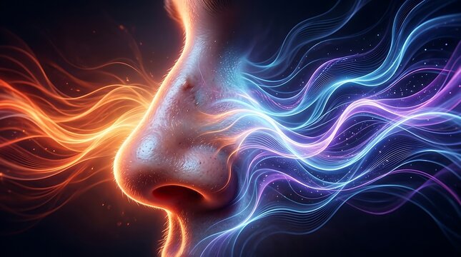 A striking digital illustration of a human nose surrounded by vibrant, glowing energy waves, perfect for futuristic marketing, wellness branding, or scientific visualization projects.